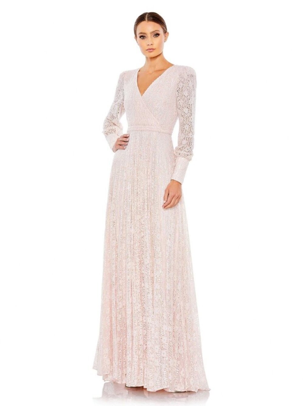 MAC DUGGAL Size 22 Peach Pink BEADED LACE Sequins  LONG SLEEVE Formal GOWN Dress